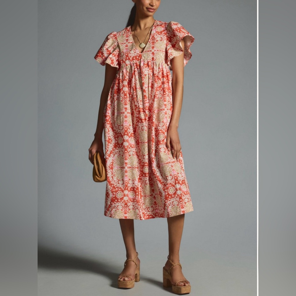 Anthropologie Flutter-Sleeve Babydoll Midi Dress size xs